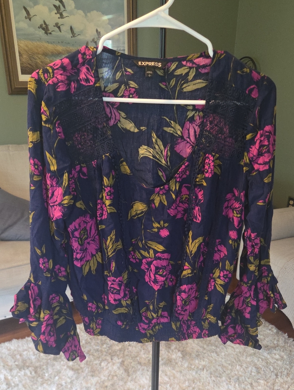 Express Navy Floral V-Neck Blouse with Fuchsia & Olive Print